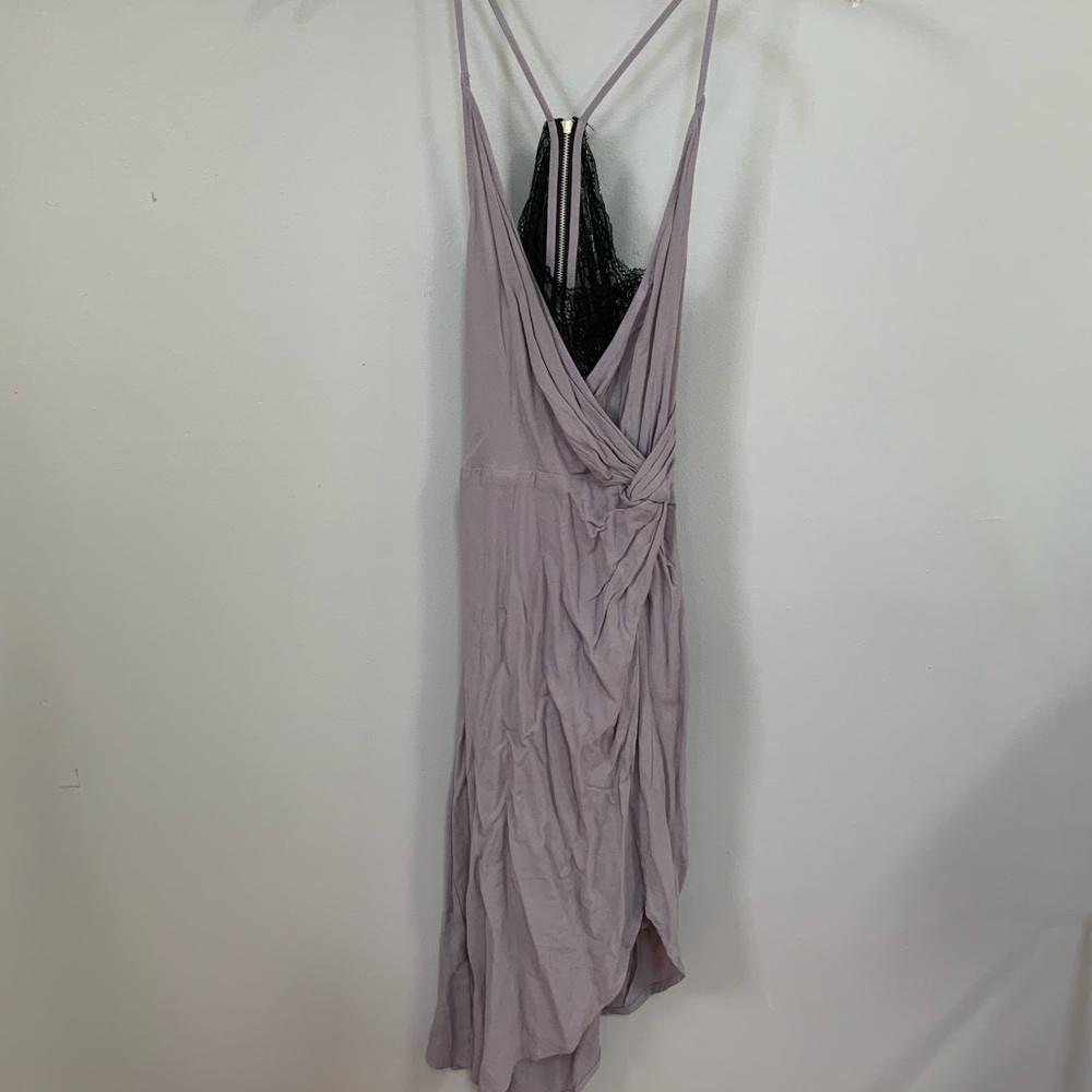 Dusty Lavender & Black Lace Front Twist Asymmetric Dress